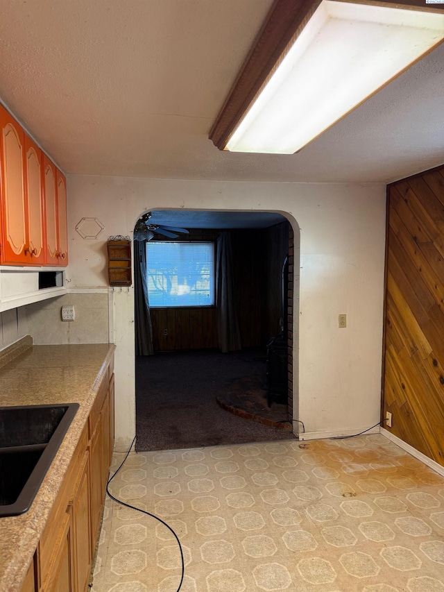 kitchen featuring sink, a textured ceiling, and wood walls