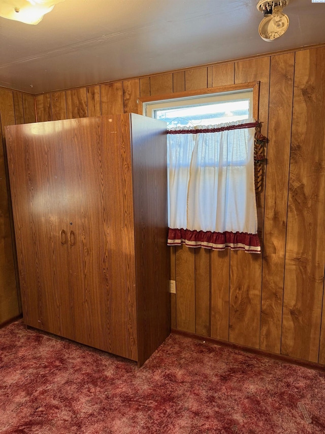 spare room featuring dark carpet and wooden walls