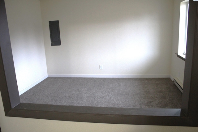 carpeted spare room with a baseboard radiator, electric panel, and a healthy amount of sunlight