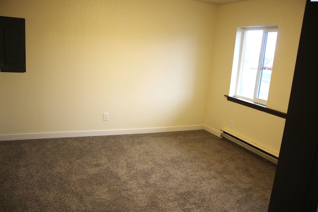 unfurnished room featuring electric panel, dark carpet, and a baseboard heating unit