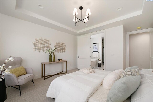 670 Cortona Unit 39, Richland, WA 99352 - bedroom with a chandelier, light carpet, a tray ceiling, baseboards, and recessed lighting