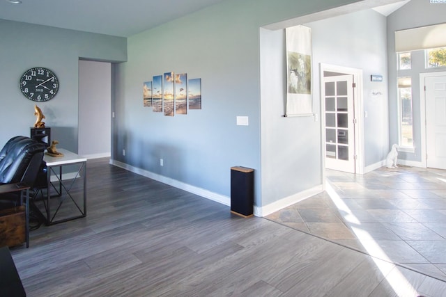 interior space with hardwood / wood-style flooring and lofted ceiling