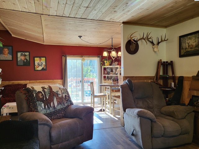 132 2nd St, Diamond, WA 99111 - living area with wooden ceiling, a wainscoted wall, wood finished floors, crown molding, and vaulted ceiling