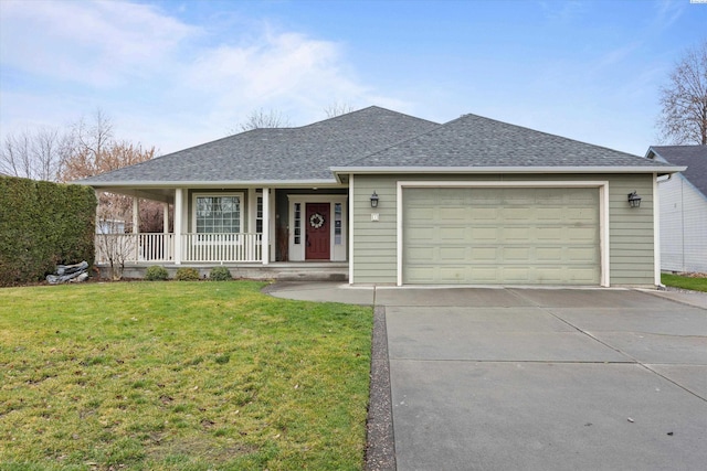 single story home with a porch, a garage, and a front yard