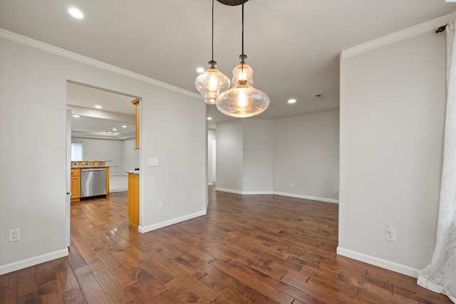 interior space with ornamental molding and dark hardwood / wood-style floors