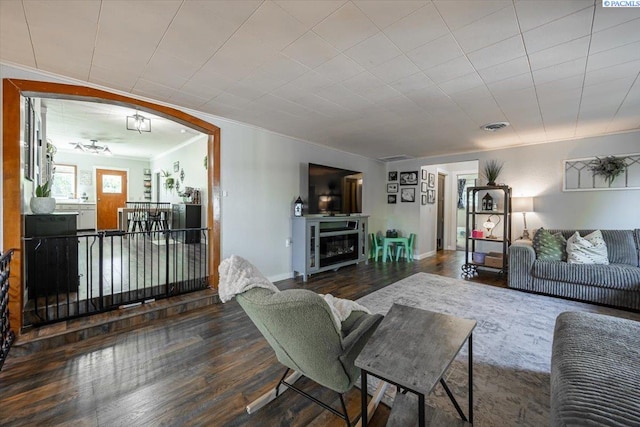 805 Babs Ave, Benton City, WA 99320 - living area with wood finished floors, crown molding, a fireplace, and baseboards