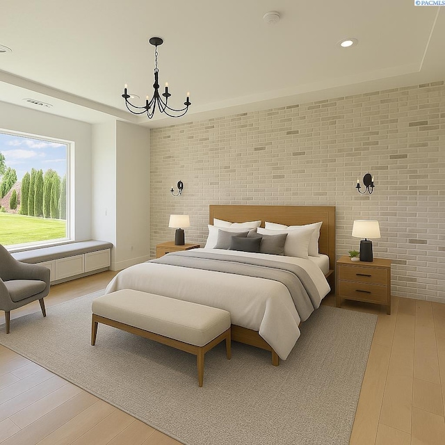 3408 Royce Ln, Pasco, WA 99301 - bedroom featuring an accent wall, light wood finished floors, brick wall, a chandelier, and recessed lighting