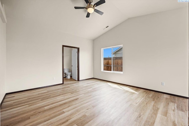 empty room featuring ceiling fan, visible vents, baseboards, and light wood-type flooring
