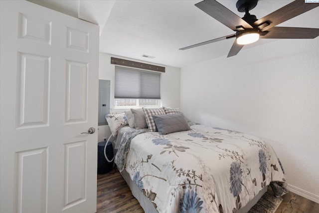 518 Wright Ave, Richland, WA 99352 - bedroom with wood finished floors, ceiling fan, baseboards, and electric panel