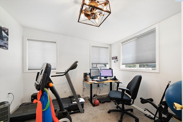 518 Wright Ave, Richland, WA 99352 - exercise area featuring a chandelier, carpet floors, vaulted ceiling, and baseboards