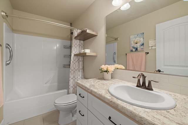 full bathroom featuring shower / bath combo, tile patterned flooring, backsplash, vanity, and toilet