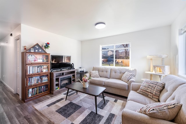 living room with dark wood-type flooring