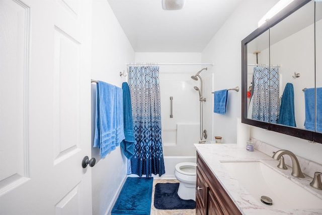 full bathroom featuring shower / bath combo, vanity, and toilet