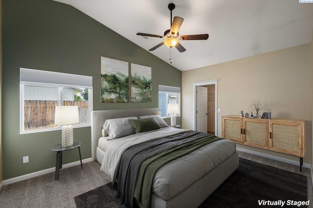 2704 Iris St, West Richland, WA 99353 - bedroom featuring dark carpet, baseboards, high vaulted ceiling, and a ceiling fan