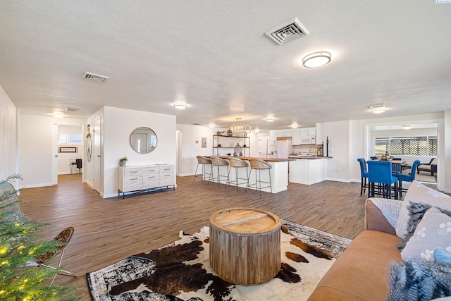 living room with dark hardwood / wood-style floors and a textured ceiling