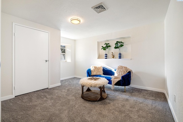 living area featuring carpet floors and a textured ceiling