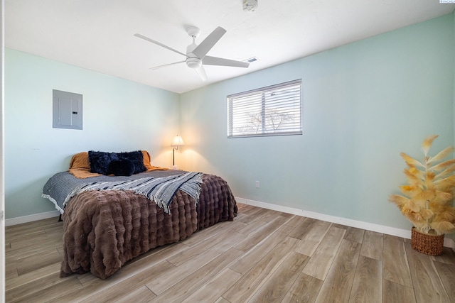 bedroom with ceiling fan, electric panel, and light wood-type flooring