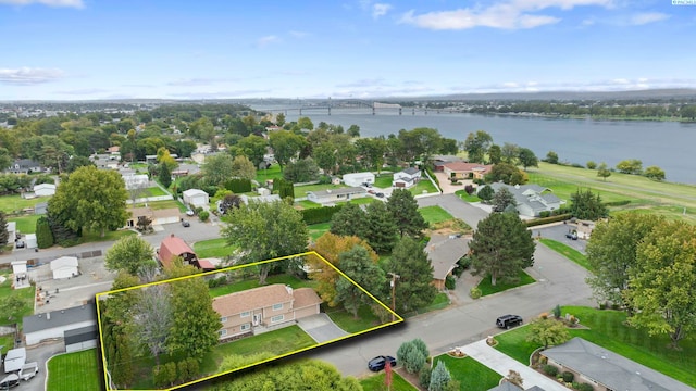 drone / aerial view featuring a water view