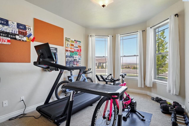 workout room with carpet flooring and baseboards
