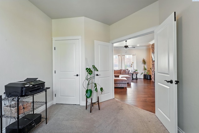 interior space with ceiling fan and baseboards