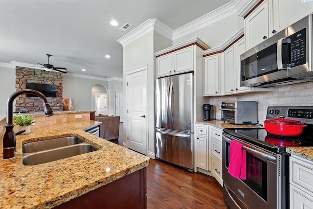 kitchen featuring appliances with stainless steel finishes, a ceiling fan, ornamental molding, and a sink