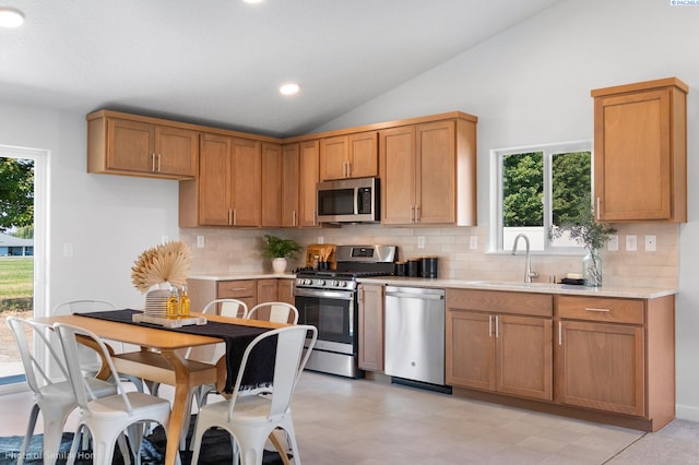 kitchen featuring lofted ceiling, sink, plenty of natural light, and stainless steel appliances