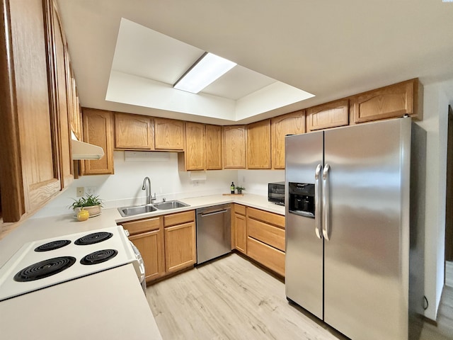 kitchen with appliances with stainless steel finishes, a sink, under cabinet range hood, light wood-type flooring, and light countertops