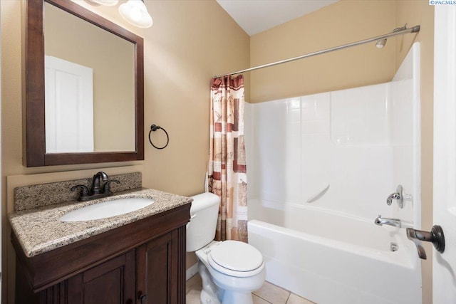 full bath featuring toilet, tile patterned floors, shower / bath combination with curtain, and vanity