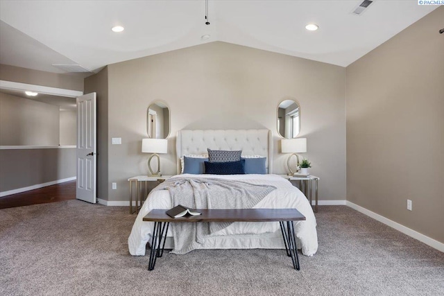 bedroom with recessed lighting, vaulted ceiling, carpet flooring, baseboards, and visible vents