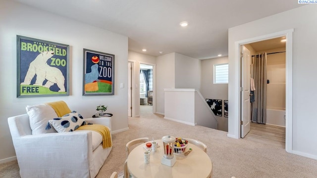 sitting room with light colored carpet