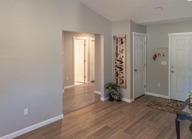 foyer entrance with vaulted ceiling and hardwood / wood-style floors