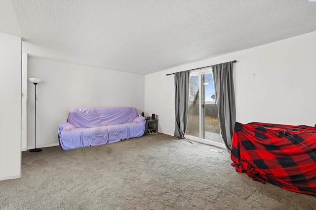 carpeted bedroom featuring access to exterior and a textured ceiling