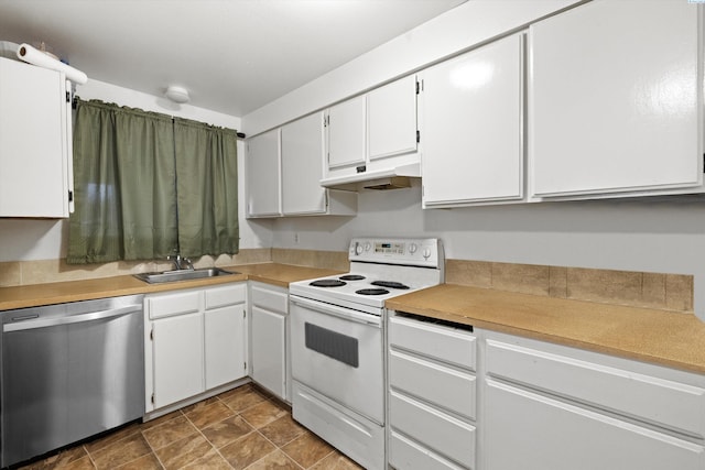 kitchen with white cabinetry, white range with electric cooktop, dishwasher, and sink