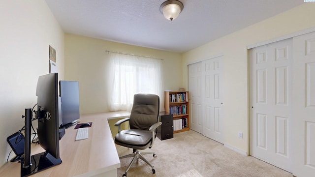 home office featuring light colored carpet