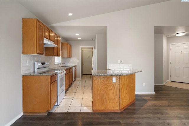kitchen with white appliances, stone countertops, under cabinet range hood, and a sink