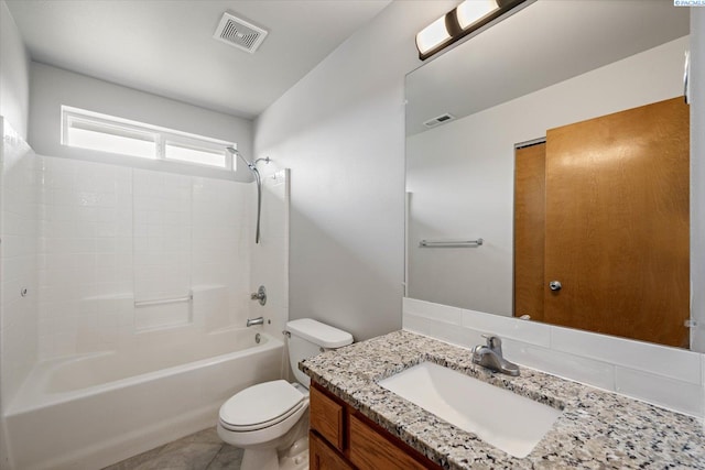 bathroom with shower / washtub combination, vanity, toilet, and visible vents