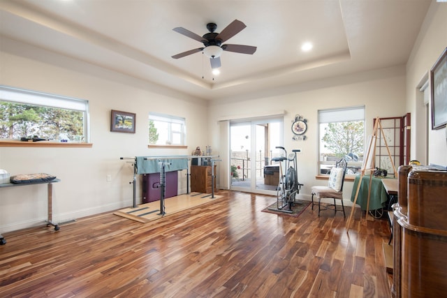 interior space with a raised ceiling, plenty of natural light, hardwood / wood-style floors, and ceiling fan