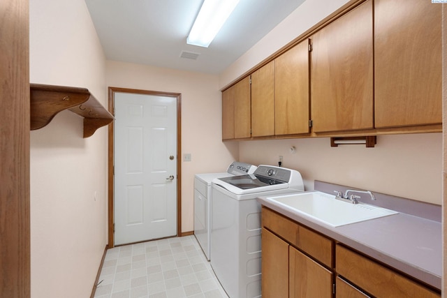 laundry room featuring cabinet space, visible vents, a sink, and washing machine and clothes dryer