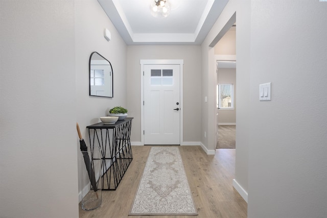 entryway with a raised ceiling and light wood-type flooring