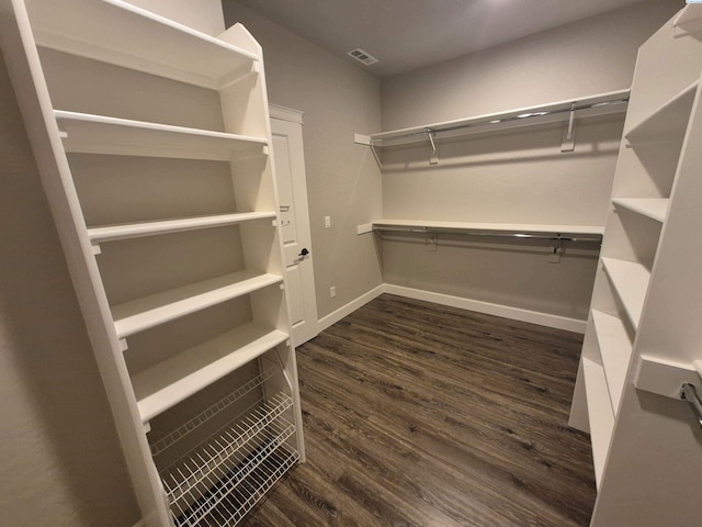 spacious closet featuring visible vents and dark wood finished floors