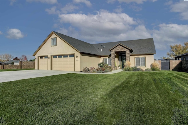 view of front facade with driveway, fence, and a front lawn