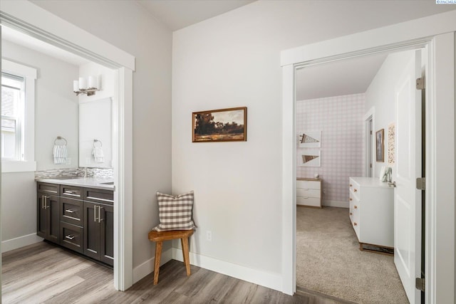 bathroom featuring baseboards, vanity, and wood finished floors