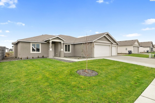 ranch-style home featuring stucco siding, a front yard, an attached garage, and driveway