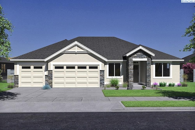 view of front of property featuring a garage, stone siding, driveway, stucco siding, and a front lawn