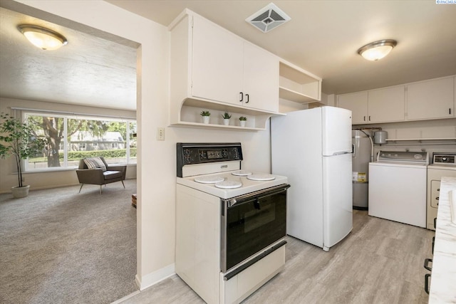 kitchen featuring white appliances, open shelves, separate washer and dryer, secured water heater, and white cabinetry