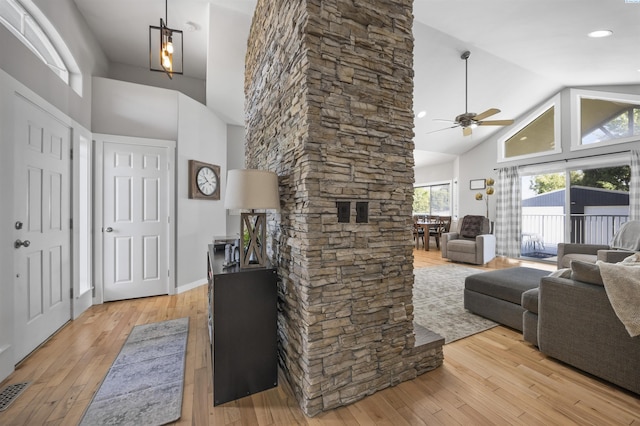 92104 E Sagebrush Rd, Kennewick, WA 99338 - foyer entrance with high vaulted ceiling, ceiling fan, hardwood / wood-style floors, and baseboards