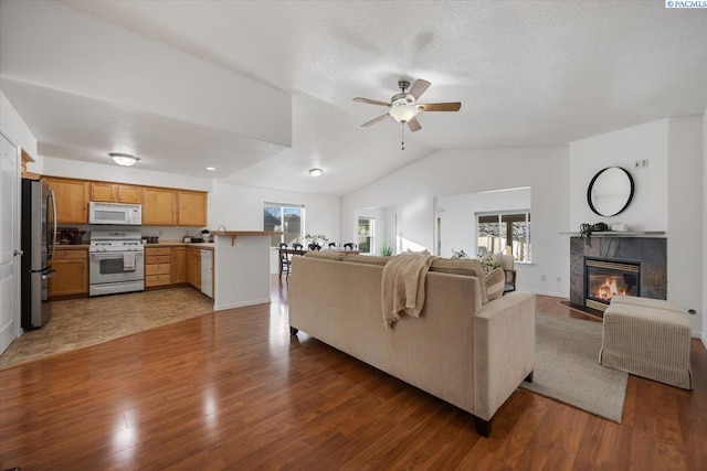 living area with a ceiling fan, a fireplace, vaulted ceiling, and wood finished floors