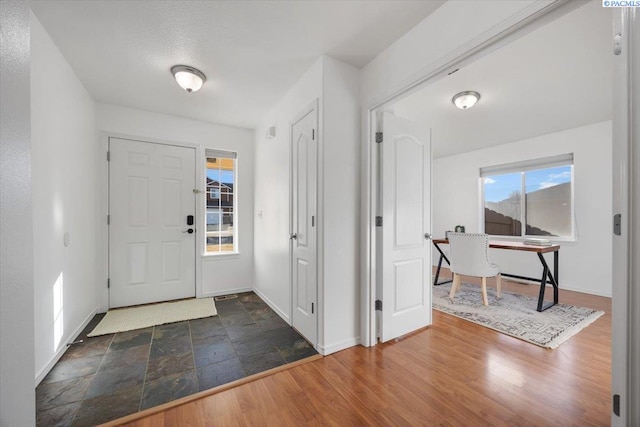 foyer featuring baseboards and wood finished floors