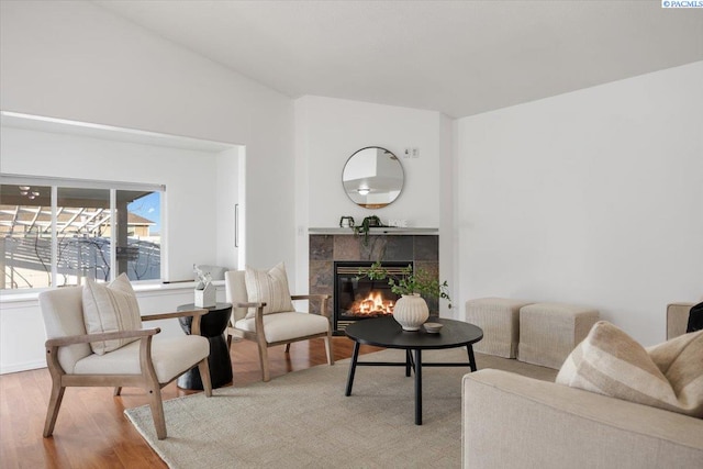 living area featuring a fireplace and wood finished floors