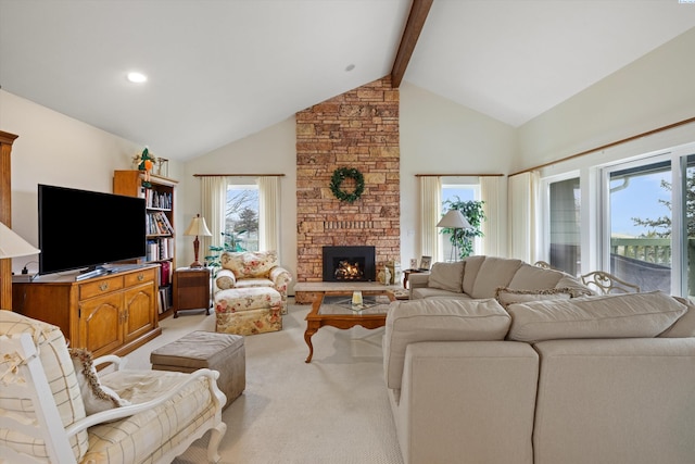 living area with high vaulted ceiling, light carpet, beamed ceiling, and a fireplace